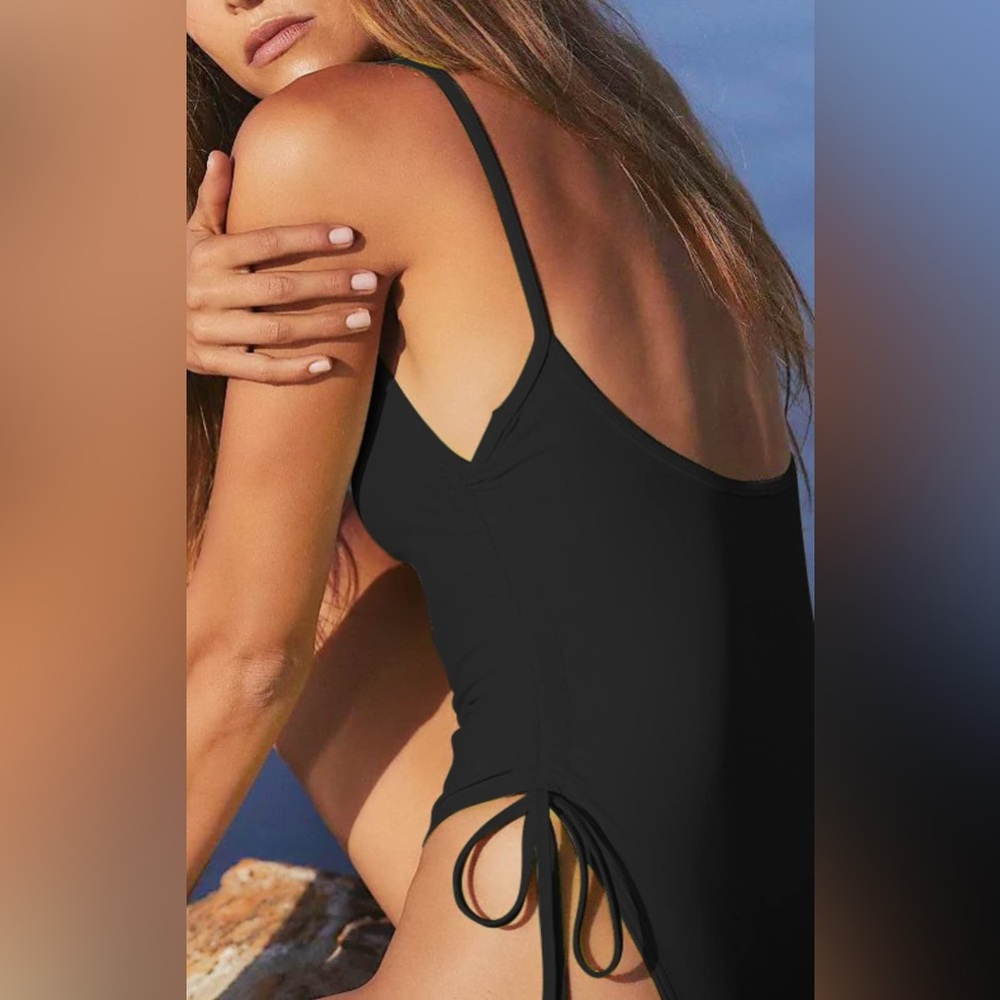 KRLAGAPAS Black Cheeky One Piece Swimsuit Tummy Control High Cut Sexy Side Tie 🖤 - Picture 7 of 7